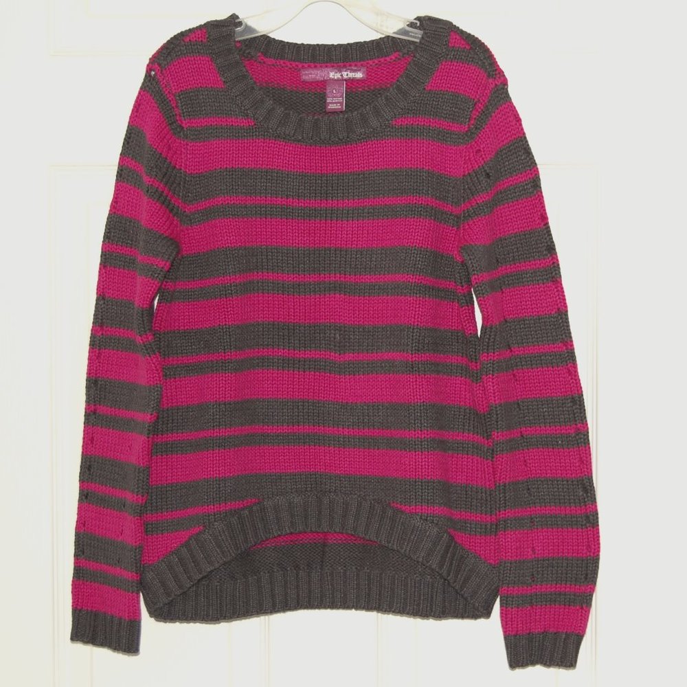 NWOT Epic Threads Pullover Knit Sweater, Girls Size L, Pink & Gray Striped